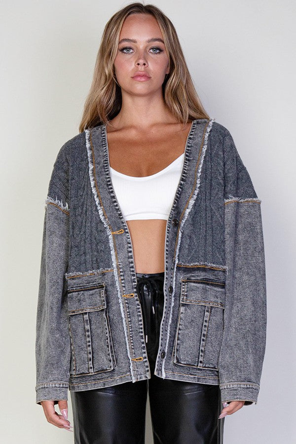 Lana Cable Knit Denim Cardigan