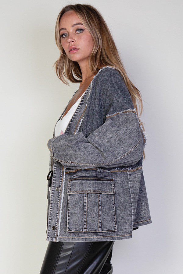 Lana Cable Knit Denim Cardigan