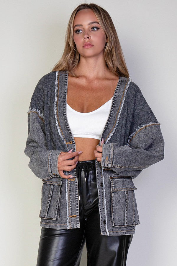 Lana Cable Knit Denim Cardigan