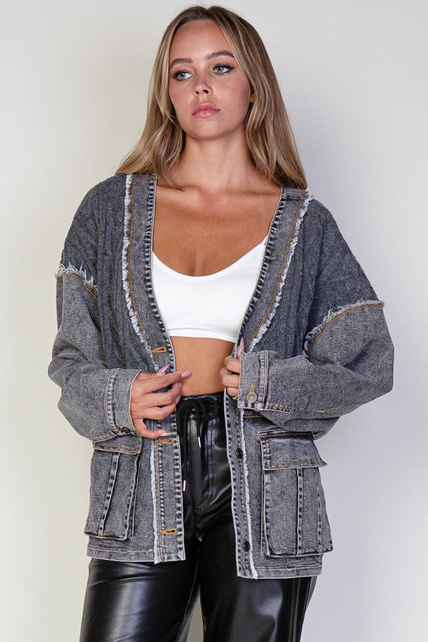 Lana Cable Knit Denim Cardigan