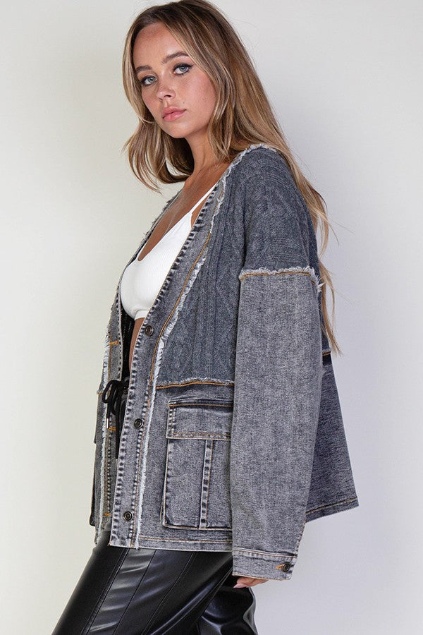 Lana Cable Knit Denim Cardigan